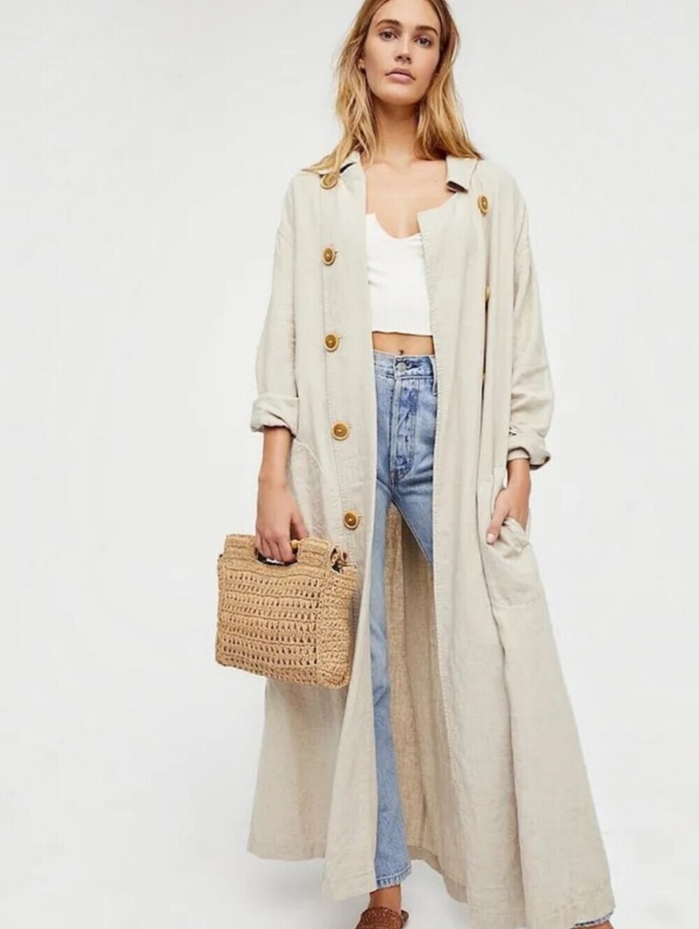 Free People Sweet Melody Trench In Natural, L, NWT Duster Linen Blend Minimalist
